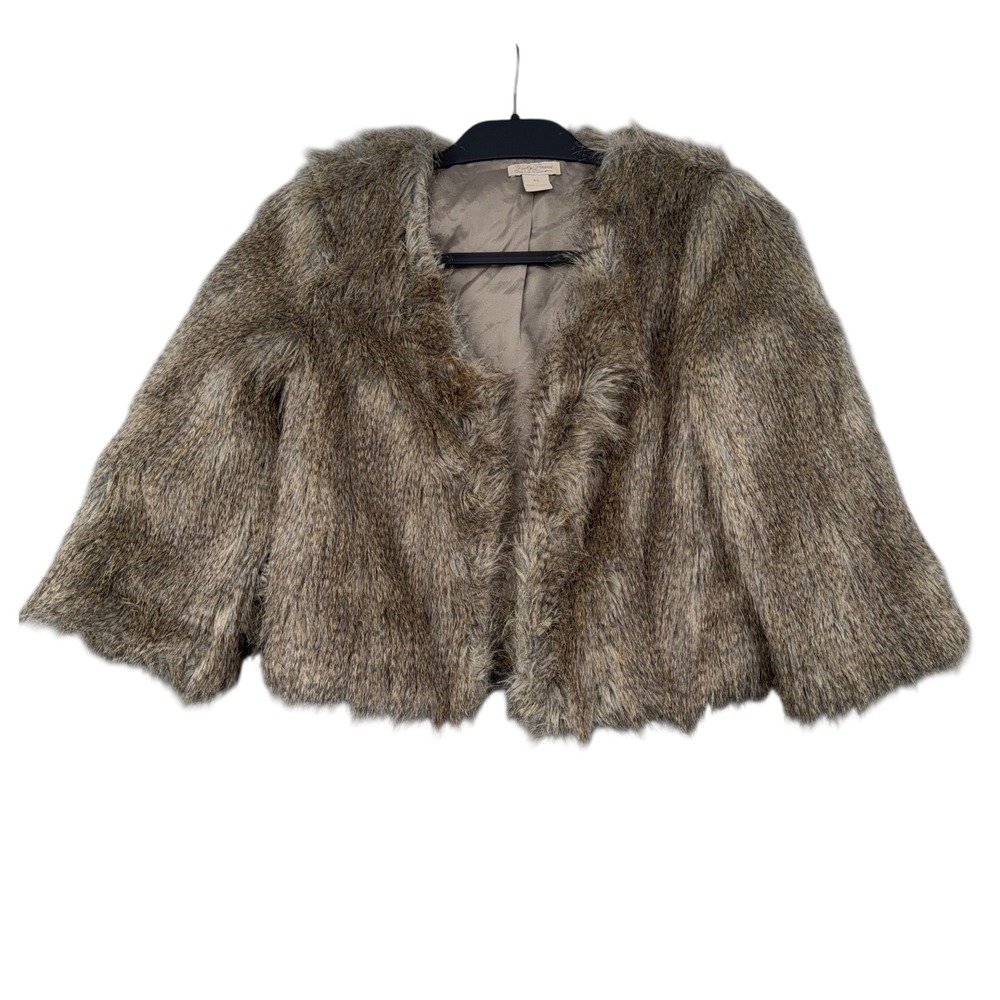 Lucky‎ Brand Womens XS Brown Faux Fur Jacket Open Front Cropped 3/4 Sleeve Coat